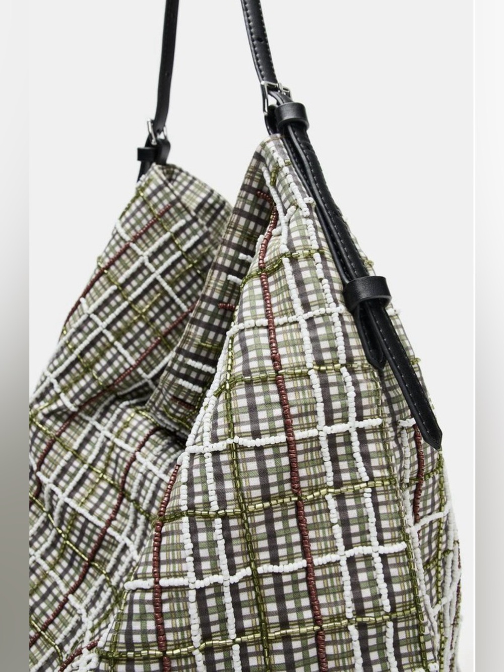 ZARA Olive Shimmer Appliqué Plaid/Shimmer Details Shopper Bag with Strap - NEW - Picture 3 of 6